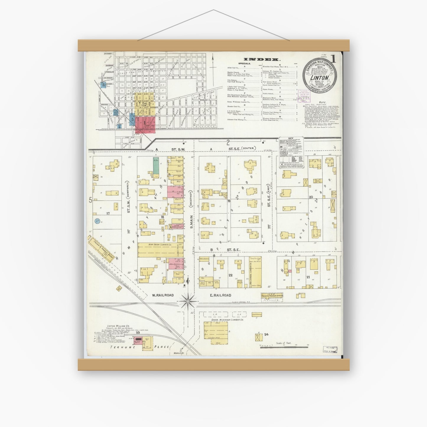 Old map wall art mockup — magnetic wood frame on white wall — Sanborn Fire Insurance Map from Linton, Greene County, Indiana (1904) - Complete Map Set