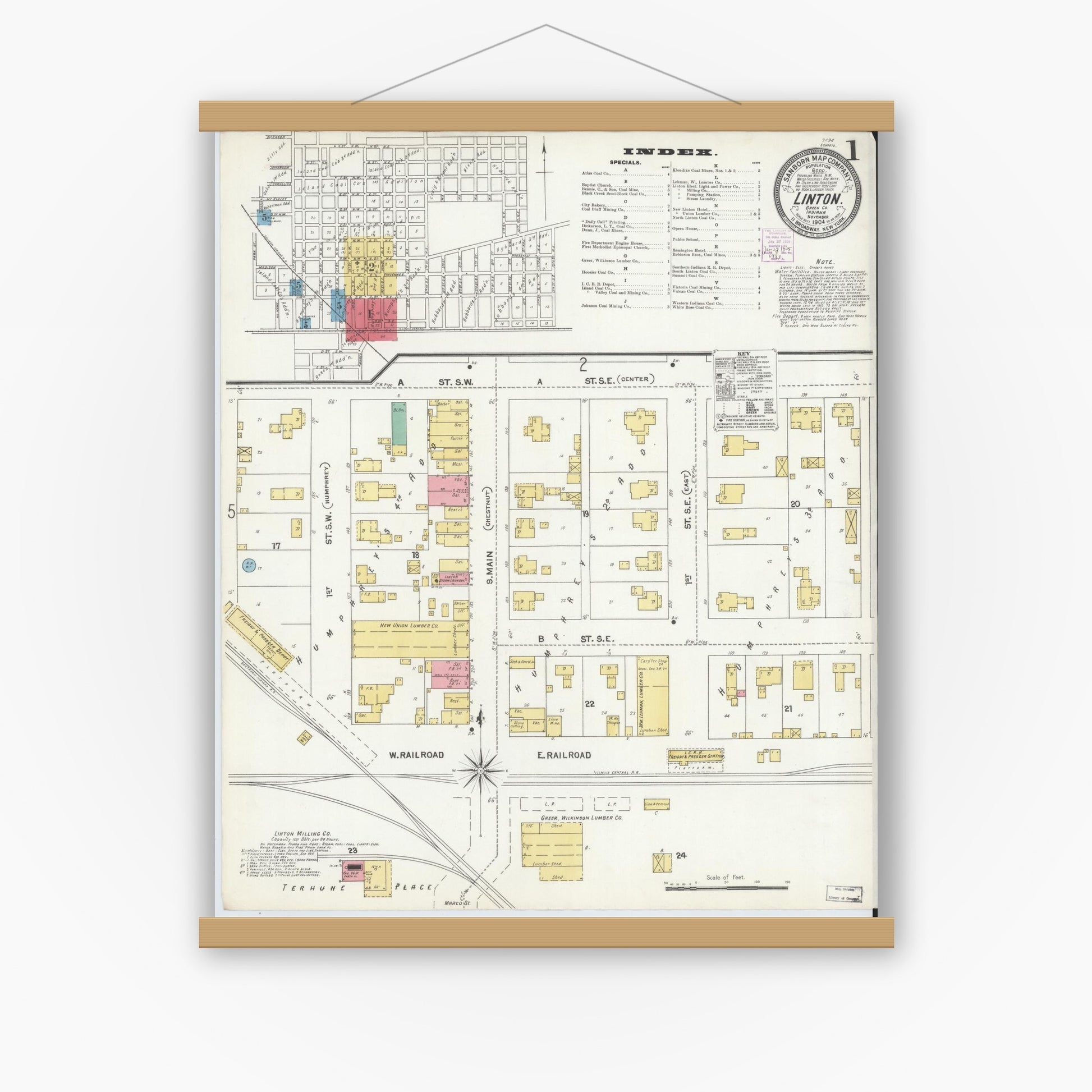 Old map wall art mockup — magnetic wood frame on white wall — Sanborn Fire Insurance Map from Linton, Greene County, Indiana (1904) - Complete Map Set