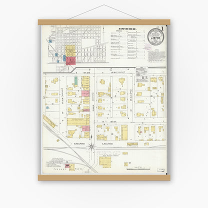 Old map wall art mockup — magnetic wood frame on white wall — Sanborn Fire Insurance Map from Linton, Greene County, Indiana (1904) - Complete Map Set