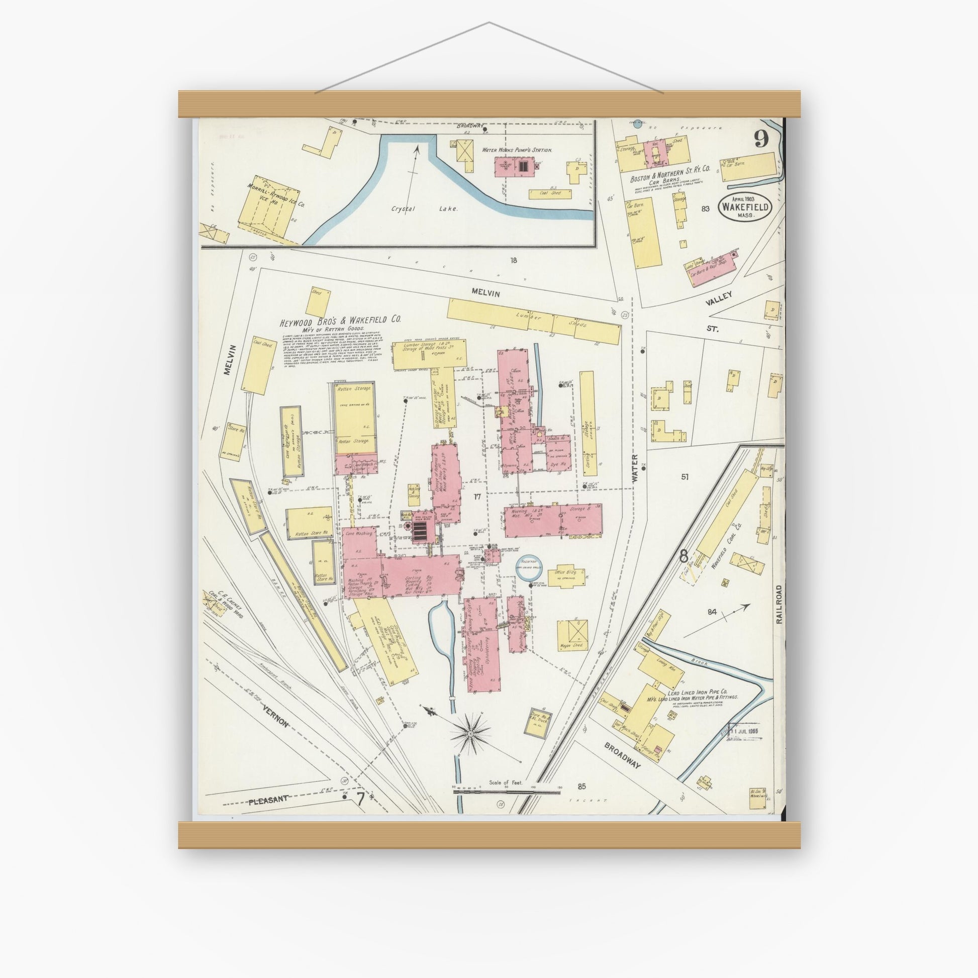 Old map wall art mockup — magnetic wood frame on white wall — Sanborn Fire Insurance Map from Wakefield, Middlesex County, Massachusetts (1903), Sheet #0009