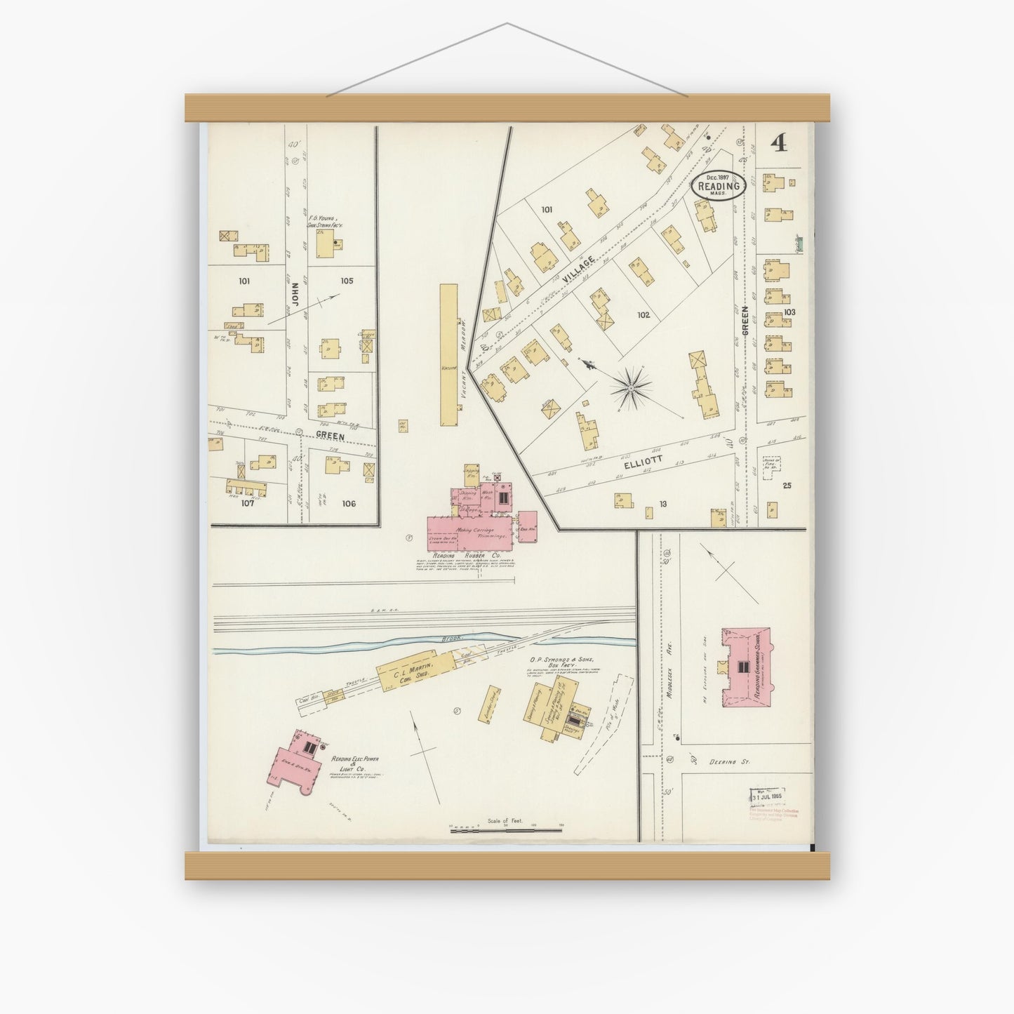 Old map wall art mockup — magnetic wood frame on white wall — Sanborn Fire Insurance Map from Reading, Middlesex County, Massachusetts (1897), Sheet #0004