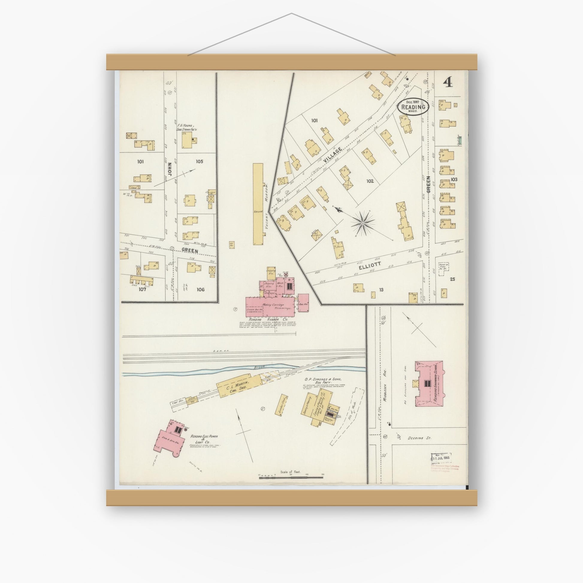 Old map wall art mockup — magnetic wood frame on white wall — Sanborn Fire Insurance Map from Reading, Middlesex County, Massachusetts (1897), Sheet #0004