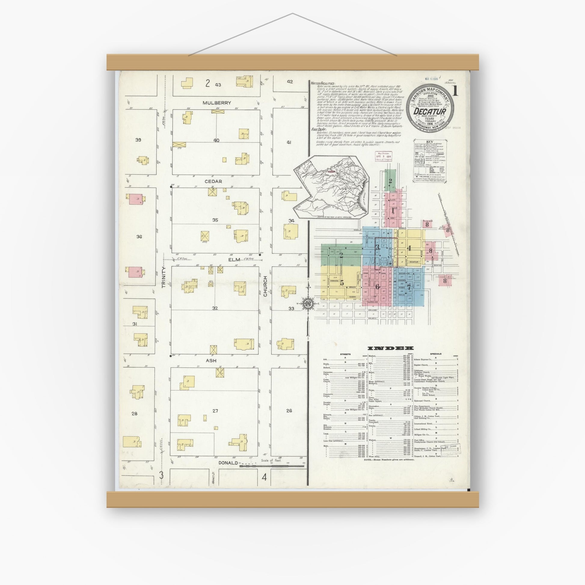 Old map wall art mockup — magnetic wood frame on white wall — Sanborn Fire Insurance Map from Decatur, Wise County, Texas (1914) - Complete Map Set