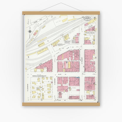 Old map wall art mockup — magnetic wood frame on white wall — Sanborn Fire Insurance Map from Kewanee, Henry County, Illinois (1910), Sheet #0007