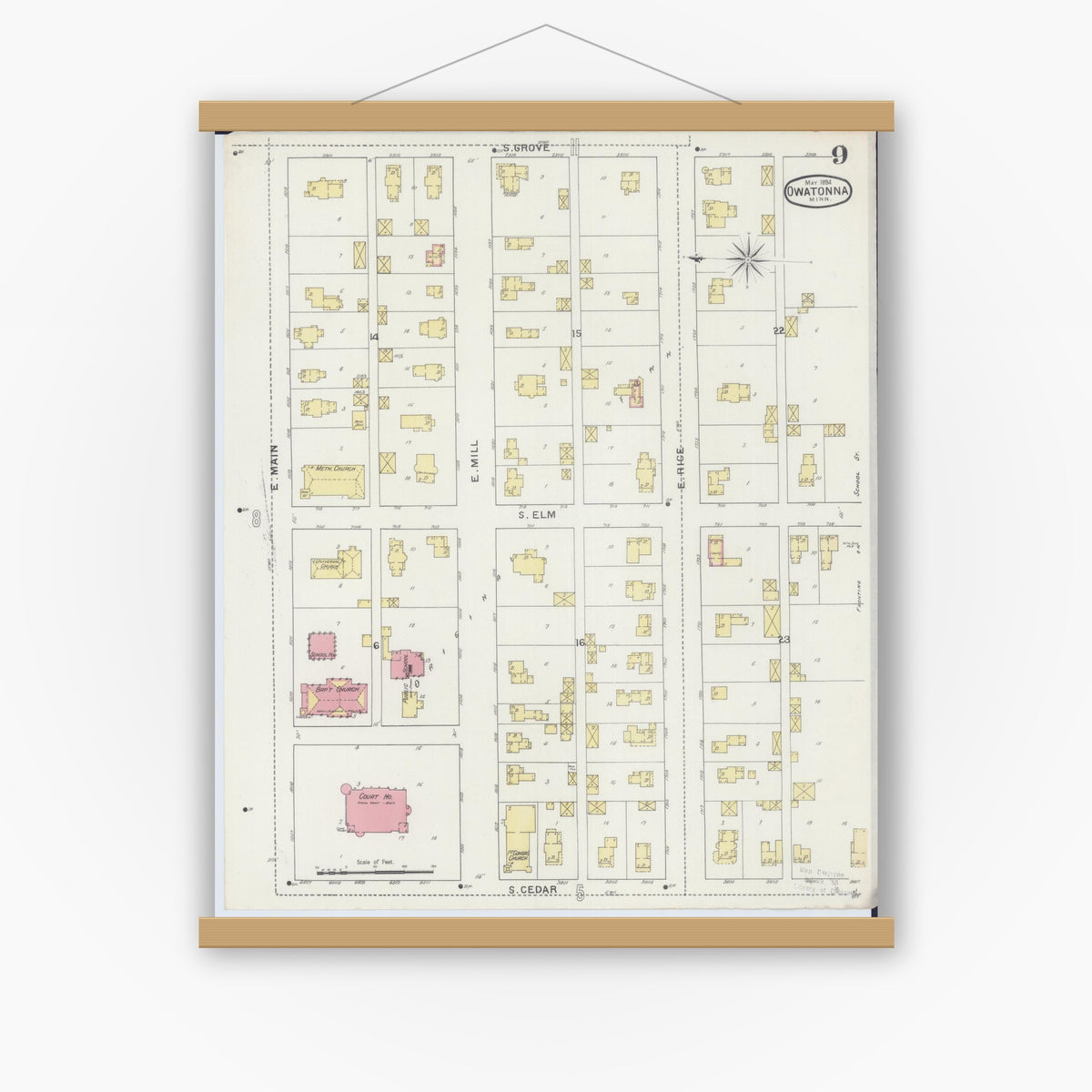 Old map wall art mockup — magnetic wood frame on white wall — Sanborn Fire Insurance Map from Owatonna, Steele County, Minnesota (1894), Sheet #0009