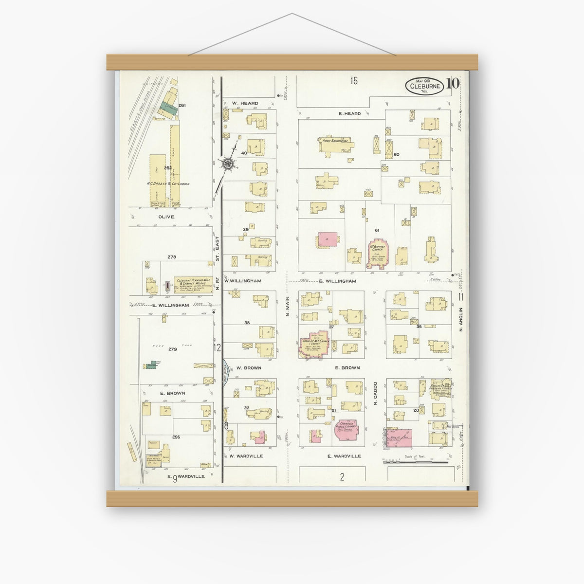 Old map wall art mockup — magnetic wood frame on white wall — Sanborn Fire Insurance Map from Cleburne, Johnson County, Texas (1910), Sheet #0010