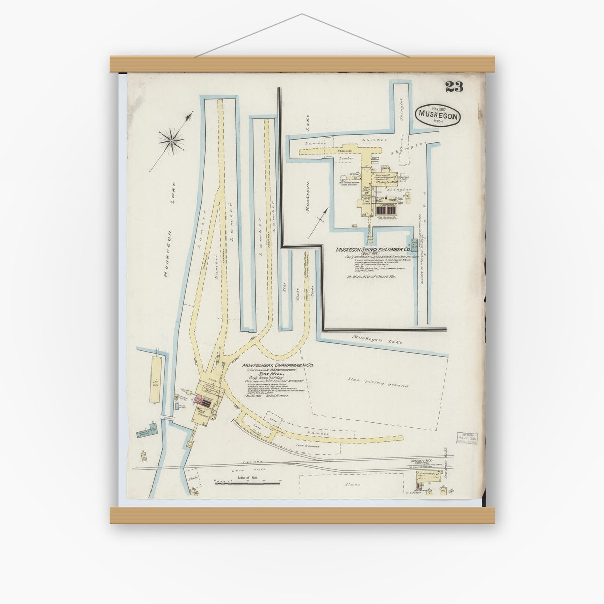 Old map wall art mockup — magnetic wood frame on white wall — Sanborn Fire Insurance Map from Muskegon, Muskegon County, Michigan (1887), Sheet #0023