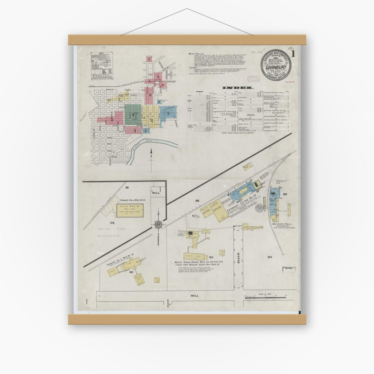 Old map wall art mockup — magnetic wood frame on white wall — Sanborn Fire Insurance Map from Granbury, Hood County, Texas (1910) - Complete Map Set