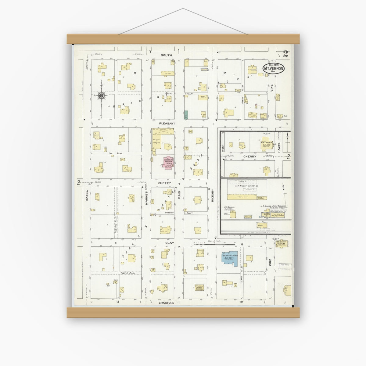 Old map wall art mockup — magnetic wood frame on white wall — Sanborn Fire Insurance Map from Mount Vernon, Lawrence County, Missouri (1909), Sheet #0002