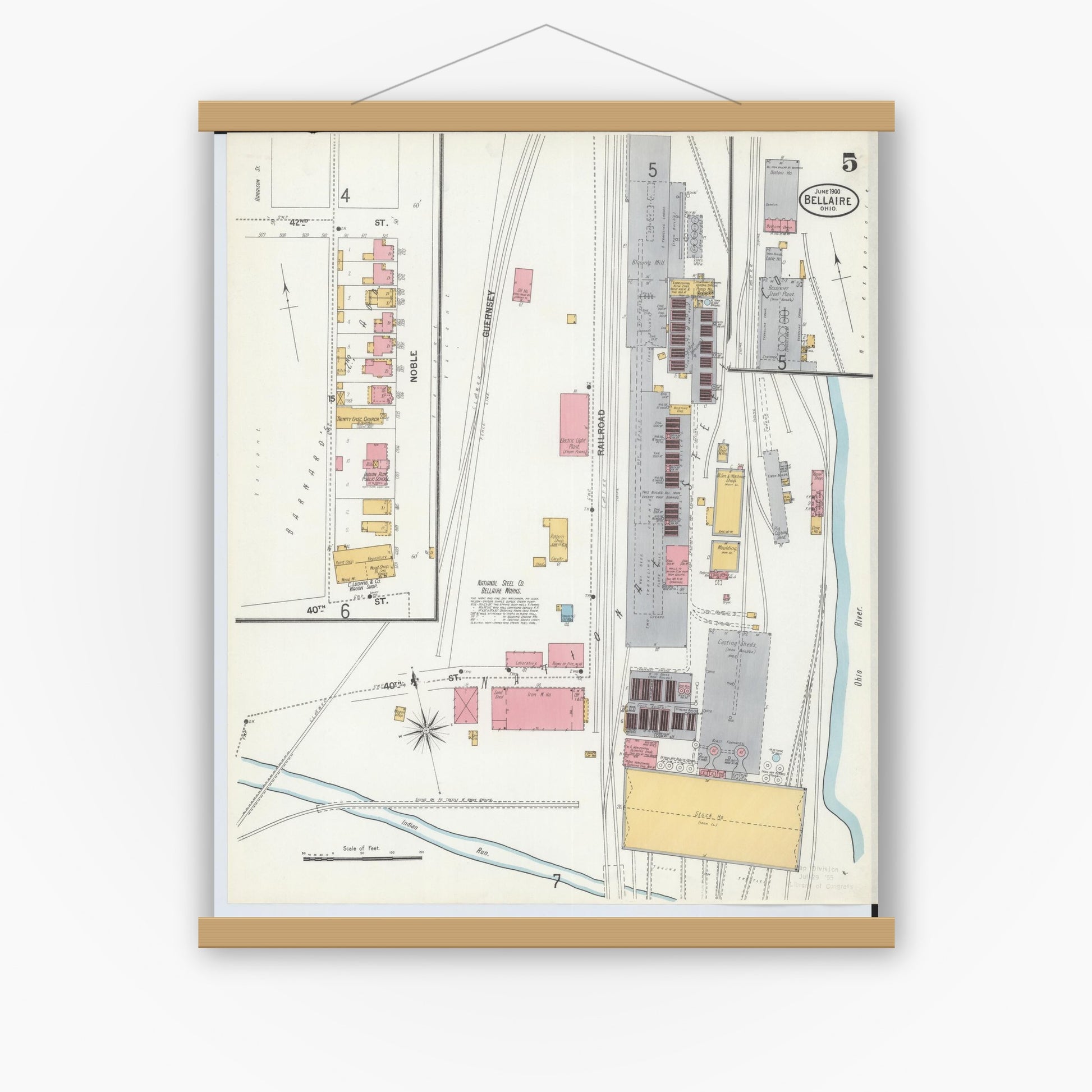 Old map wall art mockup — magnetic wood frame on white wall — Sanborn Fire Insurance Map from Bellaire, Belmont County, Ohio (1900), Sheet #0005