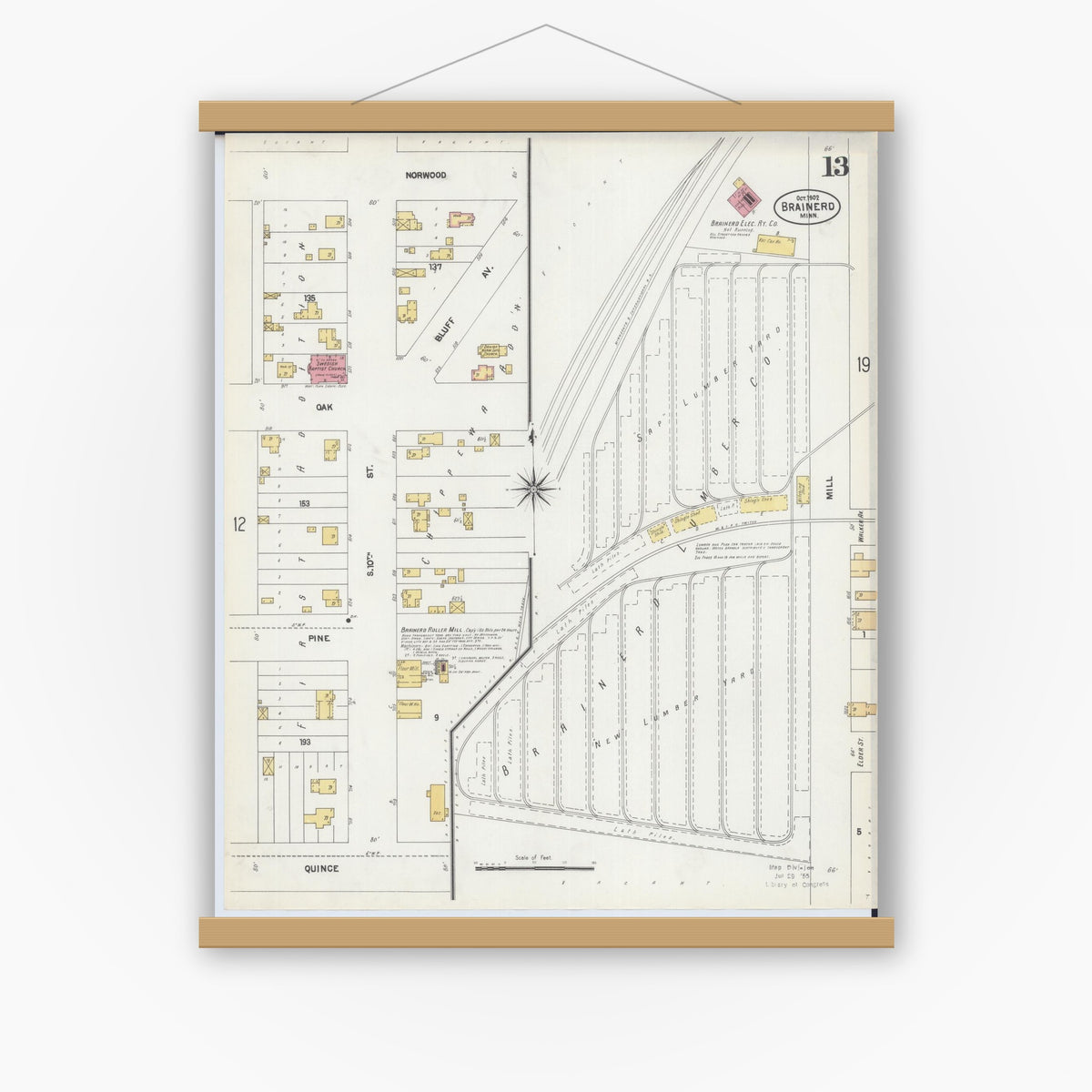 Old map wall art mockup — magnetic wood frame on white wall — Sanborn Fire Insurance Map from Brainerd, Crow Wing County, Minnesota (1902), Sheet #0013