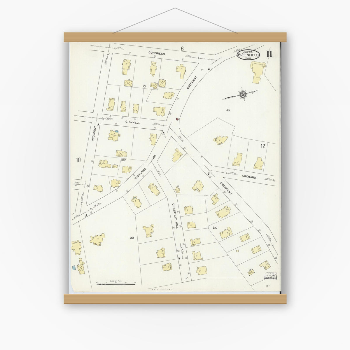 Old map wall art mockup — magnetic wood frame on white wall — Sanborn Fire Insurance Map from Greenfield, Franklin County, Massachusetts (1914), Sheet #0011