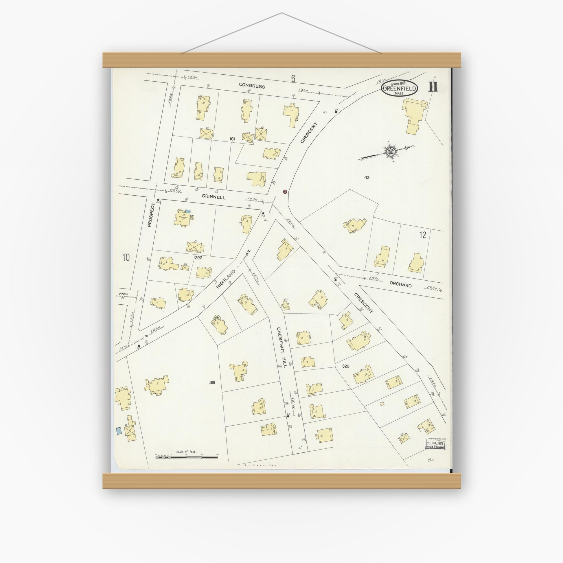 Old map wall art mockup — magnetic wood frame on white wall — Sanborn Fire Insurance Map from Greenfield, Franklin County, Massachusetts (1914), Sheet #0011
