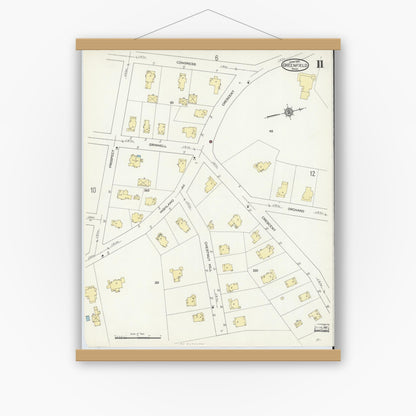 Old map wall art mockup — magnetic wood frame on white wall — Sanborn Fire Insurance Map from Greenfield, Franklin County, Massachusetts (1914), Sheet #0011