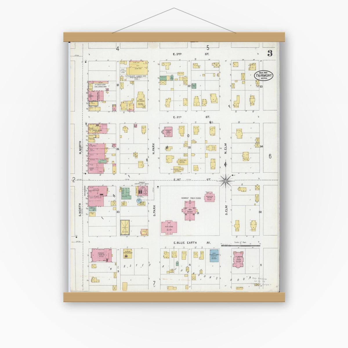 Old map wall art mockup — magnetic wood frame on white wall — Sanborn Fire Insurance Map from Fairmont, Martin County, Minnesota (1905), Sheet #0003