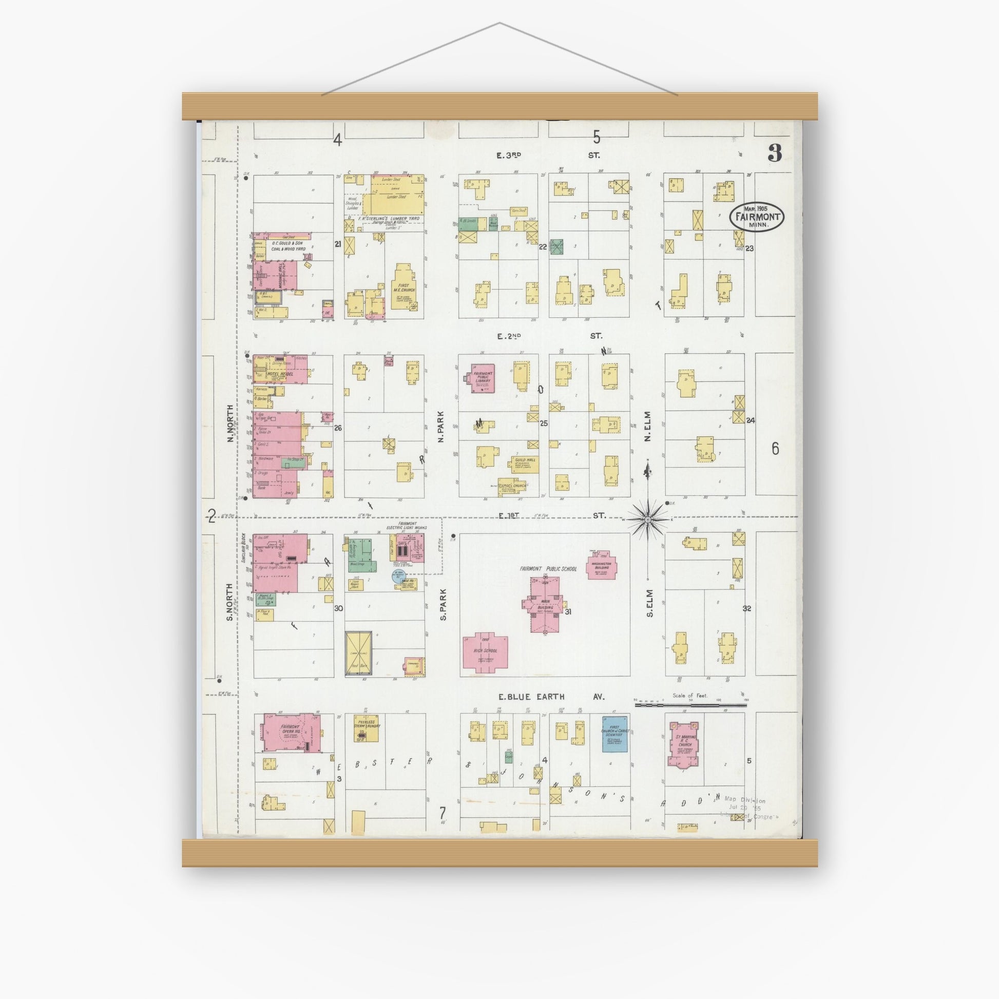 Old map wall art mockup — magnetic wood frame on white wall — Sanborn Fire Insurance Map from Fairmont, Martin County, Minnesota (1905), Sheet #0003