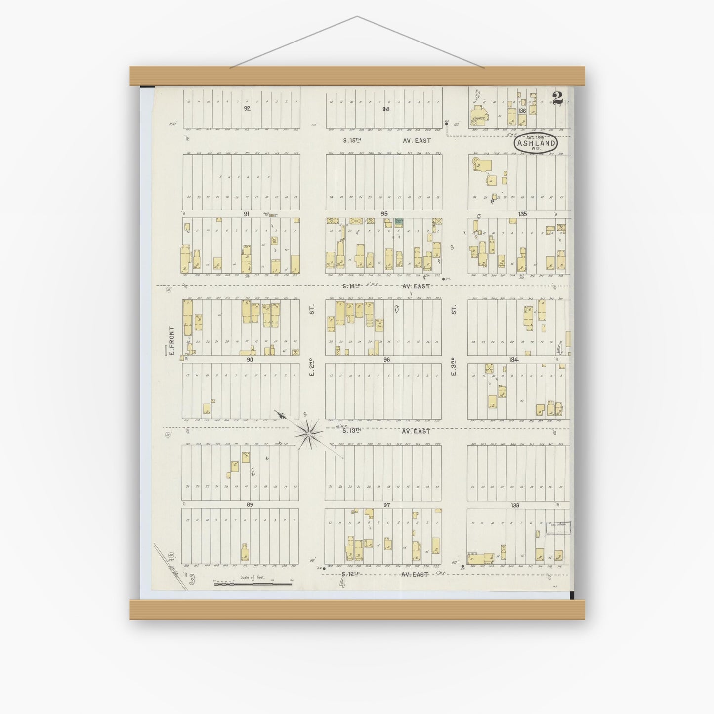 Old map wall art mockup — magnetic wood frame on white wall — Sanborn Fire Insurance Map from Ashland, Ashland County, Wisconsin (1895), Sheet #0002
