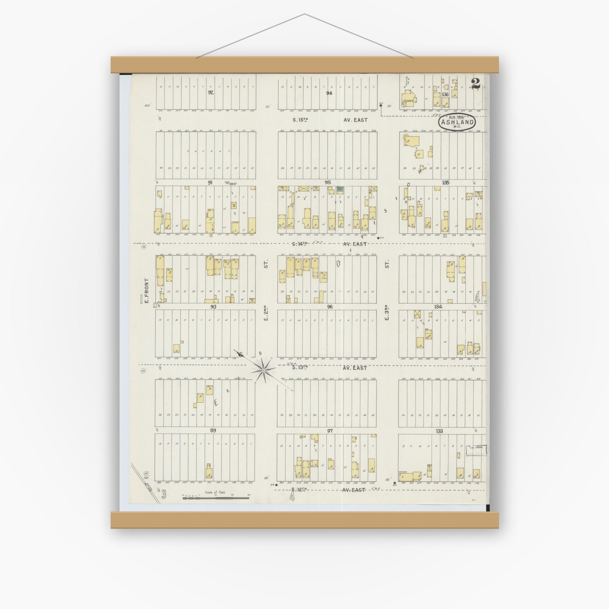 Old map wall art mockup — magnetic wood frame on white wall — Sanborn Fire Insurance Map from Ashland, Ashland County, Wisconsin (1895), Sheet #0002