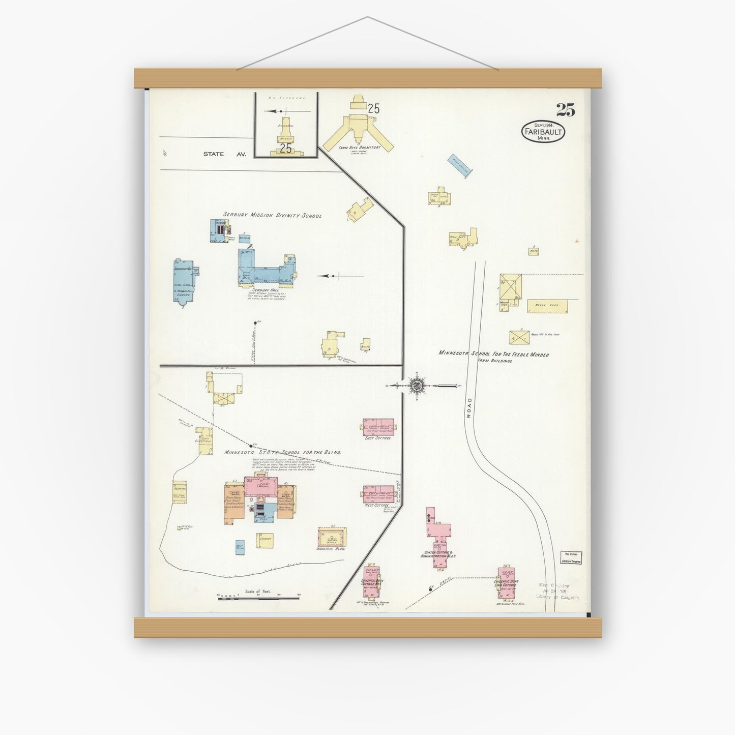Old map wall art mockup — magnetic wood frame on white wall — Sanborn Fire Insurance Map from Faribault, Rice County, Minnesota (1914), Sheet #0025