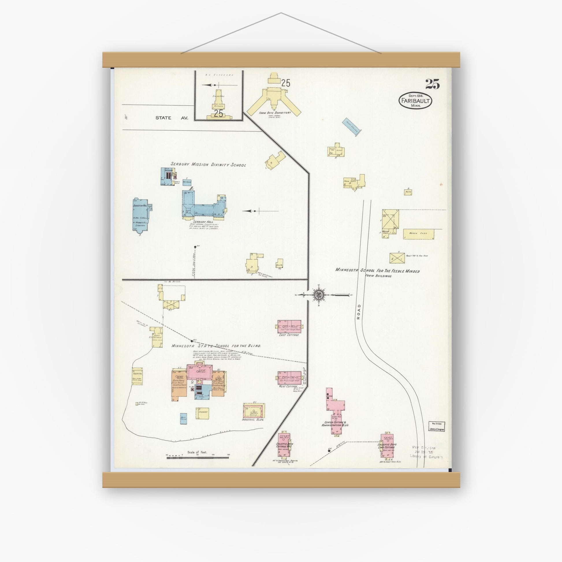 Old map wall art mockup — magnetic wood frame on white wall — Sanborn Fire Insurance Map from Faribault, Rice County, Minnesota (1914), Sheet #0025