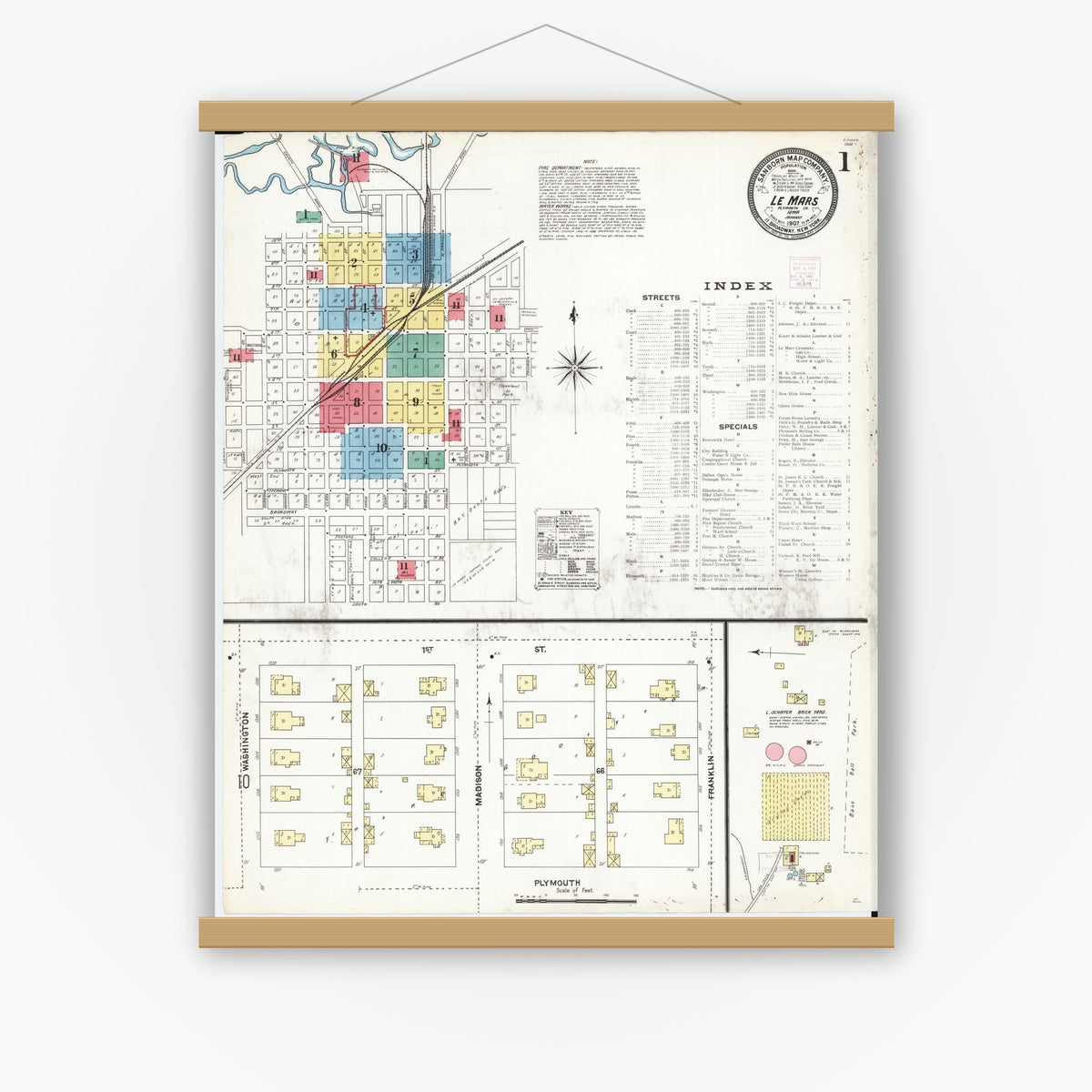 Old map wall art mockup — magnetic wood frame on white wall — Sanborn Fire Insurance Map from Le Mars, Plymouth County, Iowa (1907) â€” Complete Set
