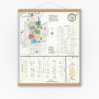 Old map wall art mockup — magnetic wood frame on white wall — Sanborn Fire Insurance Map from Le Mars, Plymouth County, Iowa (1907) â€” Complete Set