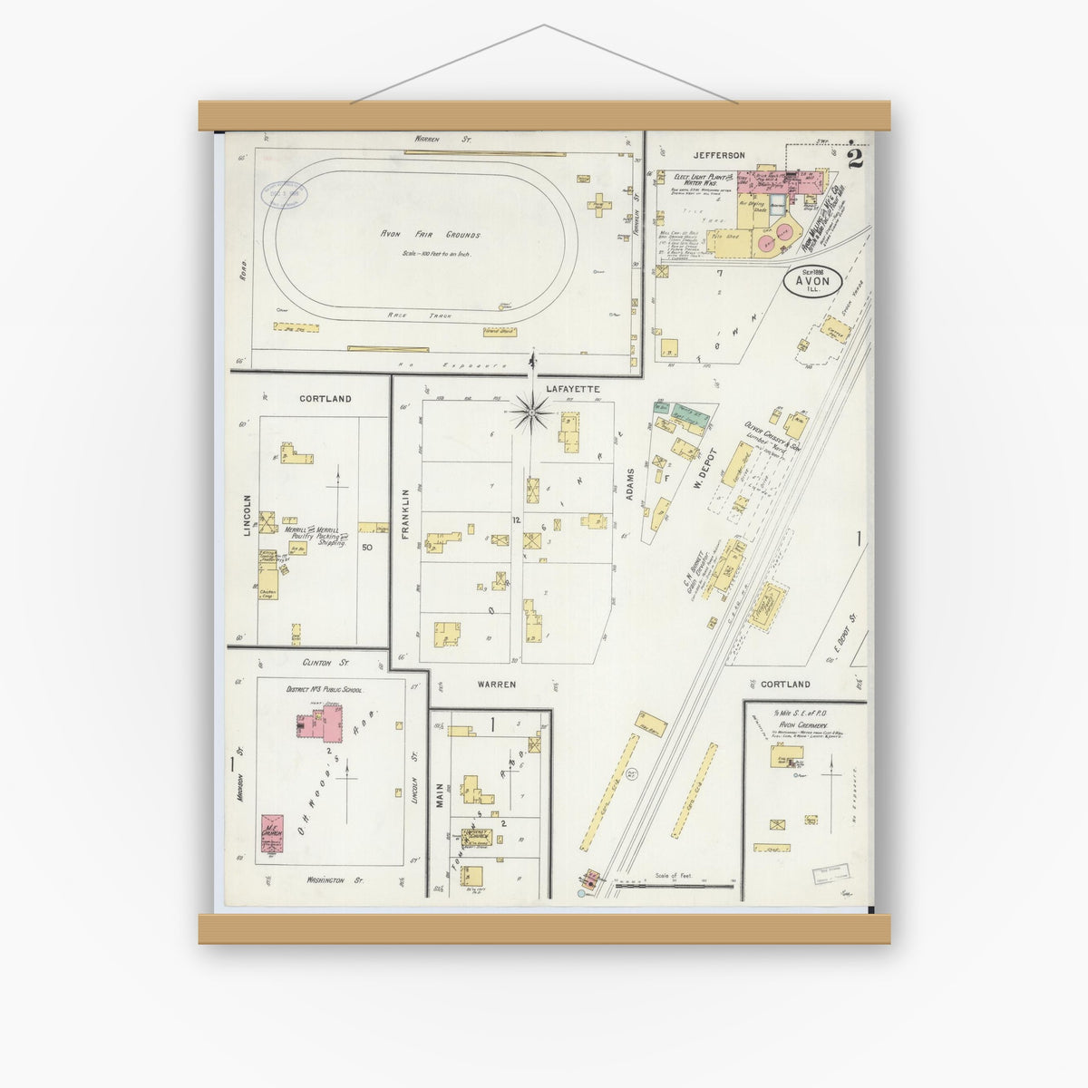 Old map wall art mockup — magnetic wood frame on white wall — Sanborn Fire Insurance Map from Avon, Fulton County, Illinois (1898), Sheet #0002