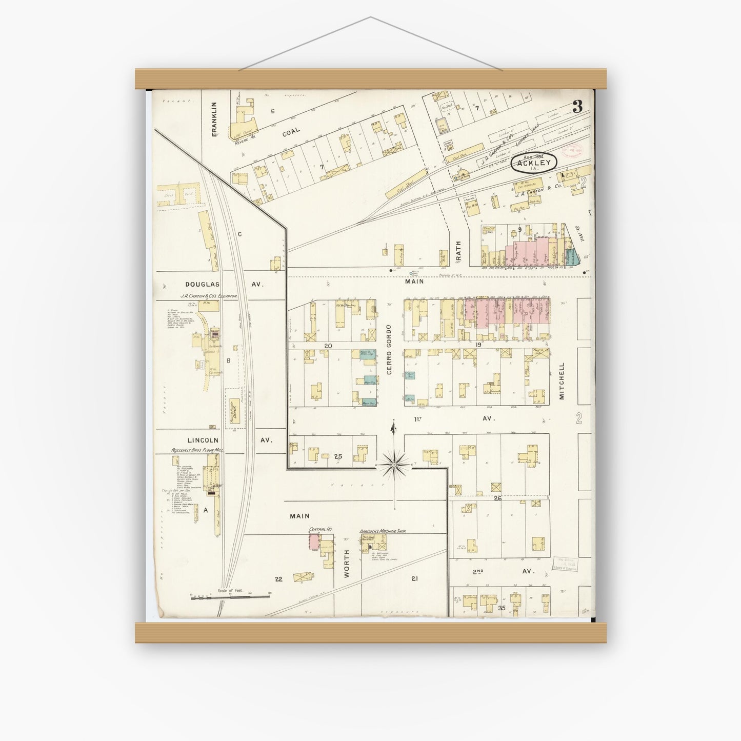 Old map wall art mockup — magnetic wood frame on white wall — Sanborn Fire Insurance Map from Ackley, Hardin and Franklin Counties, Iowa (1894), Sheet #0003