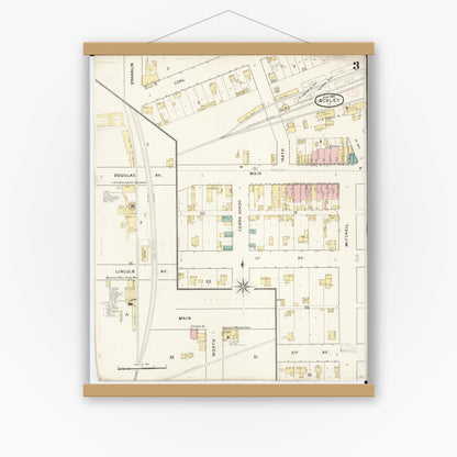 Old map wall art mockup — magnetic wood frame on white wall — Sanborn Fire Insurance Map from Ackley, Hardin and Franklin Counties, Iowa (1894), Sheet #0003