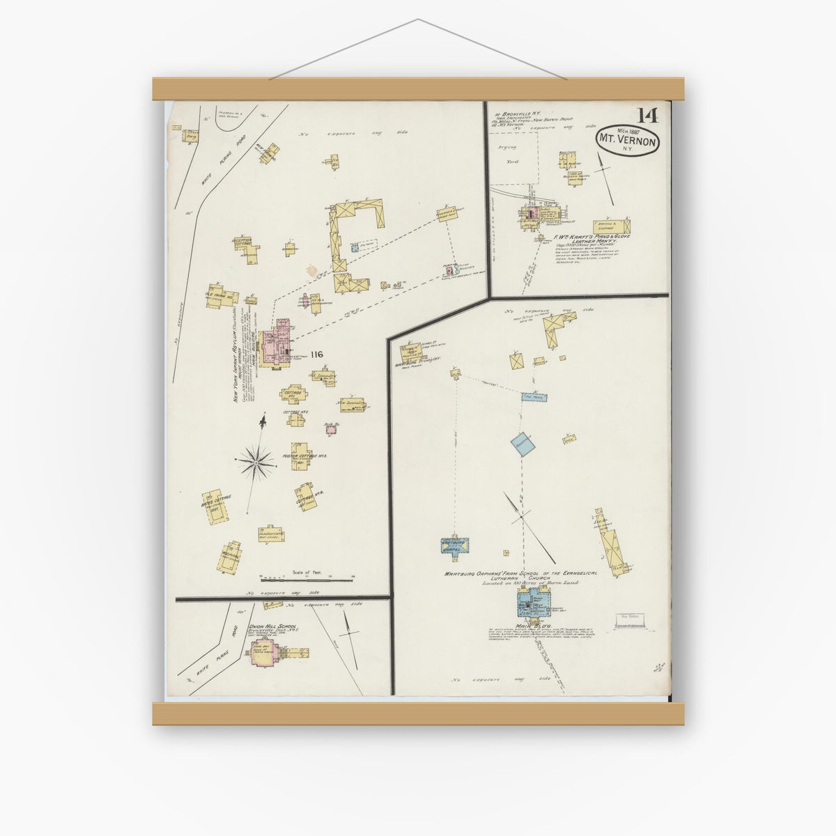 Old map wall art mockup — magnetic wood frame on white wall — Sanborn Fire Insurance Map from Mount Vernon, Westchester County, New York (1887), Sheet #0014