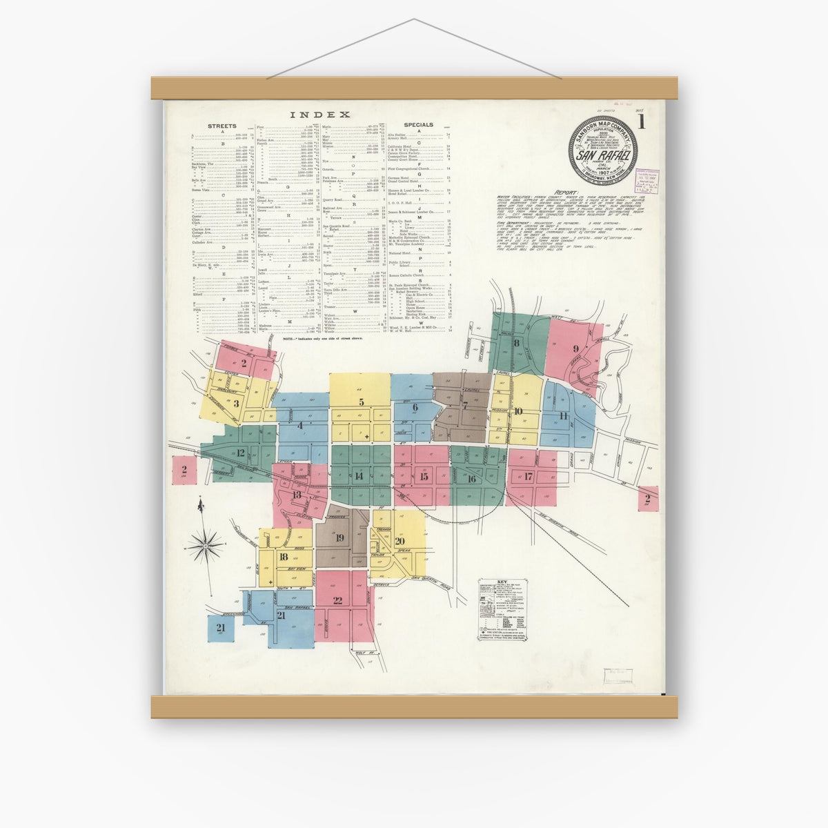 Old map wall art mockup — magnetic wood frame on white wall — Sanborn Fire Insurance Map from San Rafael, Marin County, California (1907) - Complete Map Set