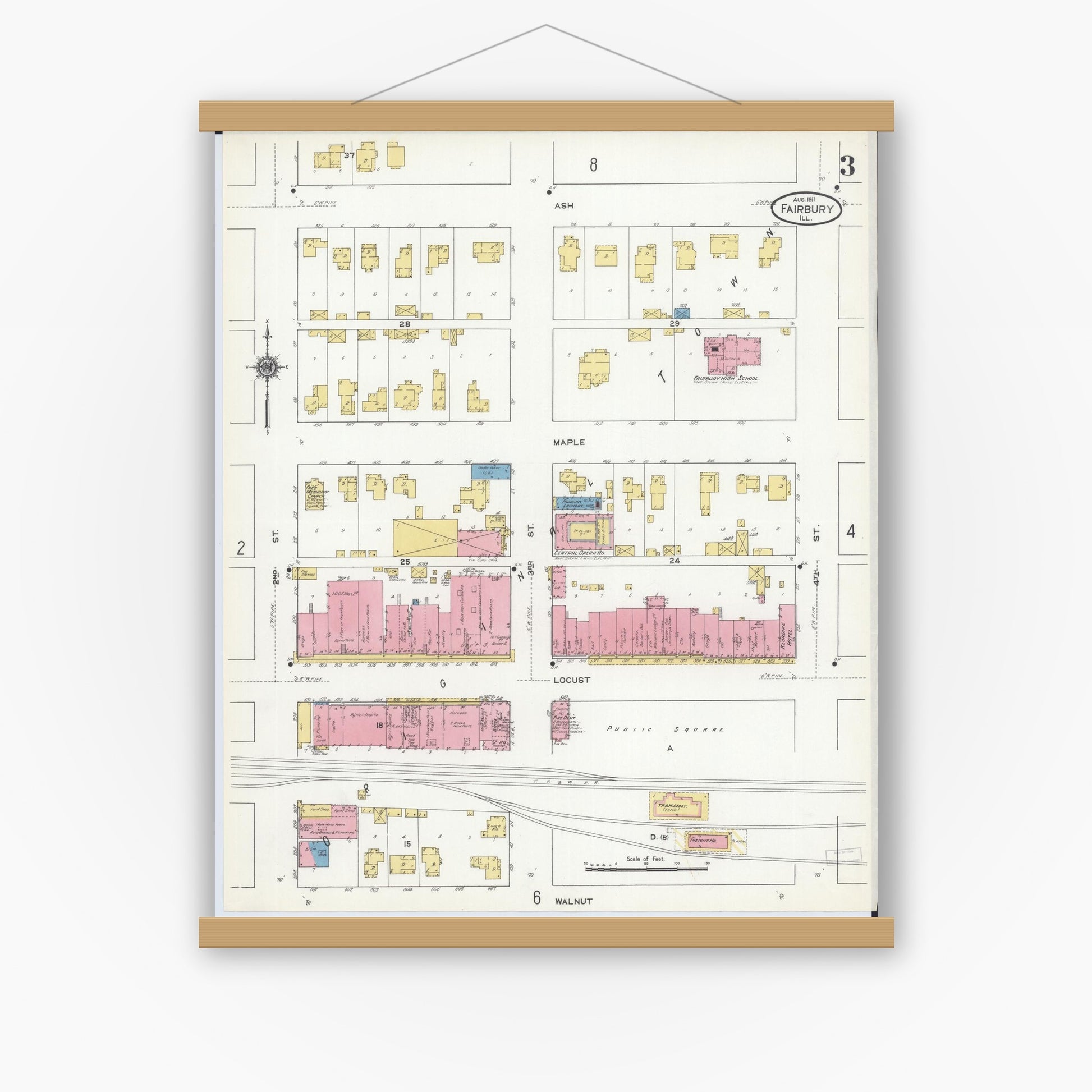 Old map wall art mockup — magnetic wood frame on white wall — Sanborn Fire Insurance Map from Fairbury, Livingston County, Illinois (1911), Sheet #0003