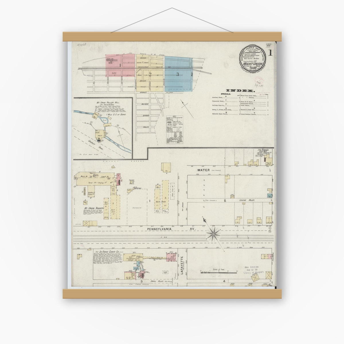 Old map wall art mockup — magnetic wood frame on white wall — Sanborn Fire Insurance Map from Mount Union, Huntingdon County, Pennsylvania (1894), Sheet #0001