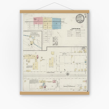 Old map wall art mockup — magnetic wood frame on white wall — Sanborn Fire Insurance Map from Mount Union, Huntingdon County, Pennsylvania (1894), Sheet #0001