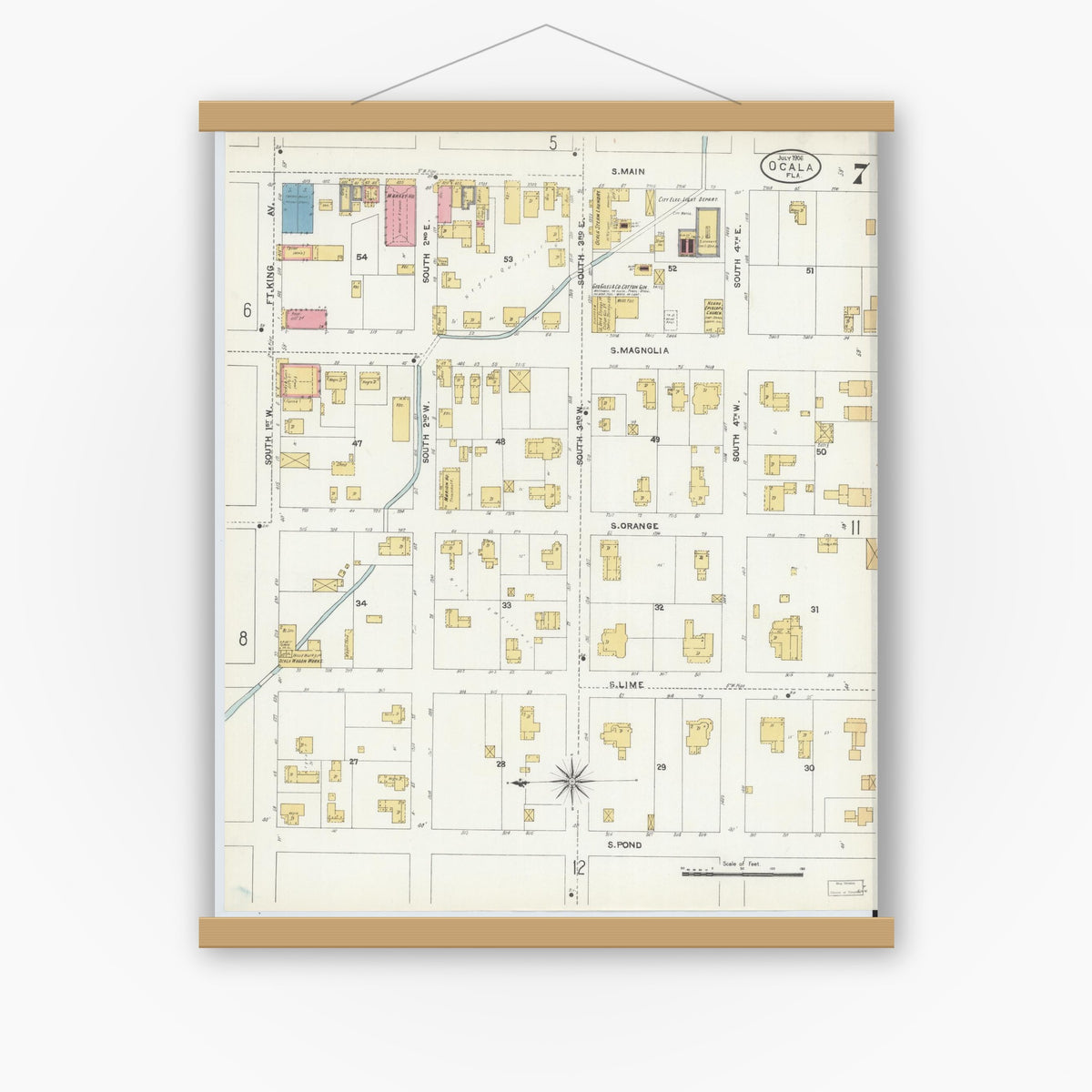 Old map wall art mockup — magnetic wood frame on white wall — Sanborn Fire Insurance Map from Ocala, Marion County, Florida (1906), Sheet #0007