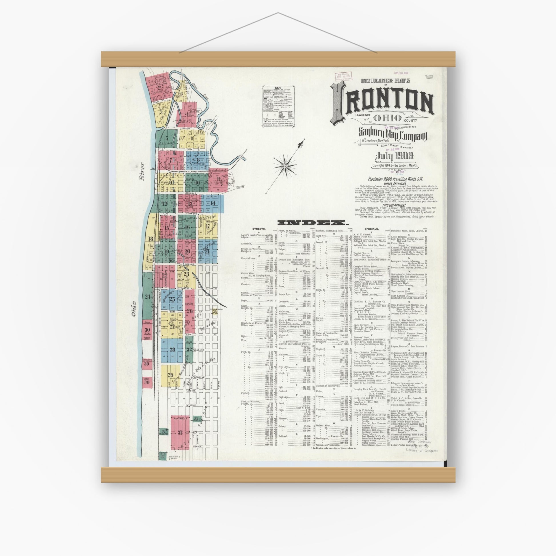 Old map wall art mockup — magnetic wood frame on white wall — Sanborn Fire Insurance Map from Ironton, Lawrence County, Ohio (1909) - Complete Map Set