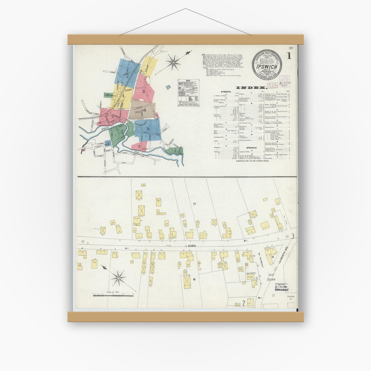 Old map wall art mockup — magnetic wood frame on white wall — Sanborn Fire Insurance Map from Ipswich, Essex County, Massachusetts (1902) - Complete Map Set