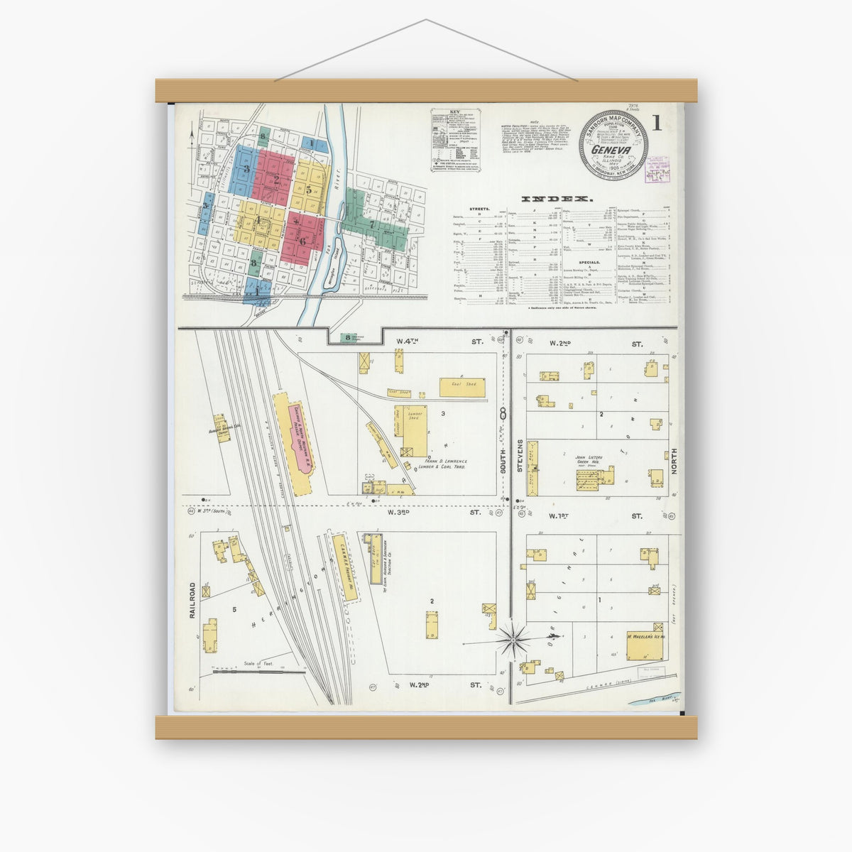 Old map wall art mockup — magnetic wood frame on white wall — Sanborn Fire Insurance Map from Geneva, Kane County, Illinois (1905), Sheet #0001