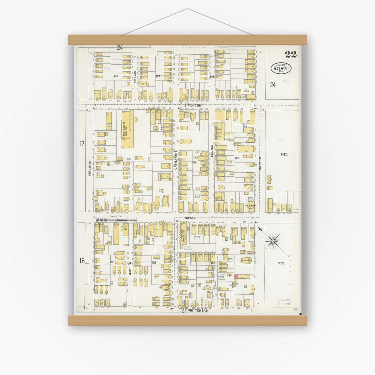 Old map wall art mockup — magnetic wood frame on white wall — Sanborn Fire Insurance Map from Key West, Monroe County, Florida (1899), Sheet #0022