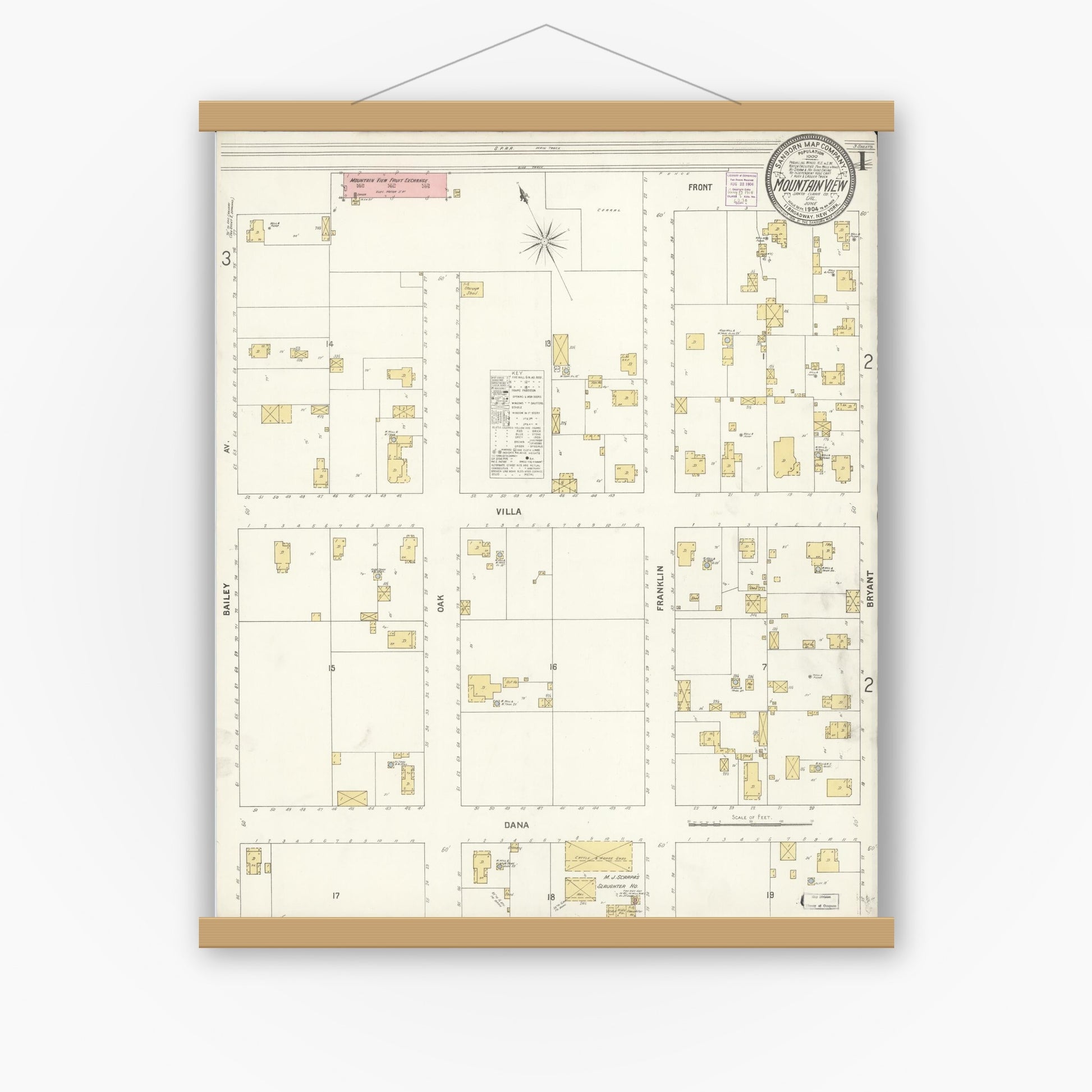 Old map wall art mockup — magnetic wood frame on white wall — Sanborn Fire Insurance Map from Mountain View, Santa Clara County, California (1904) - Complete Map Set