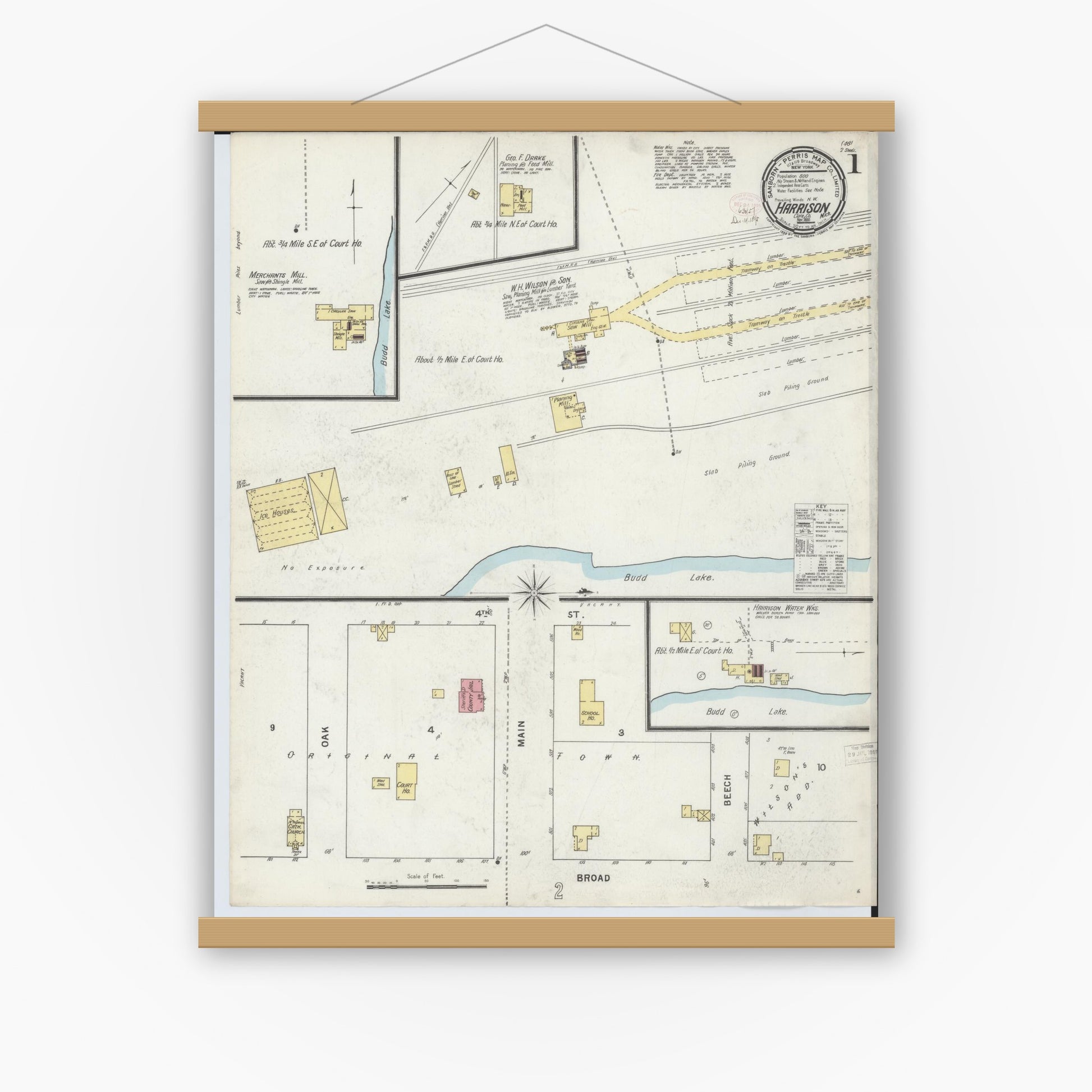 Old map wall art mockup — magnetic wood frame on white wall — Sanborn Fire Insurance Map from Harrison, Clare County, Michigan (1895) - Complete Map Set
