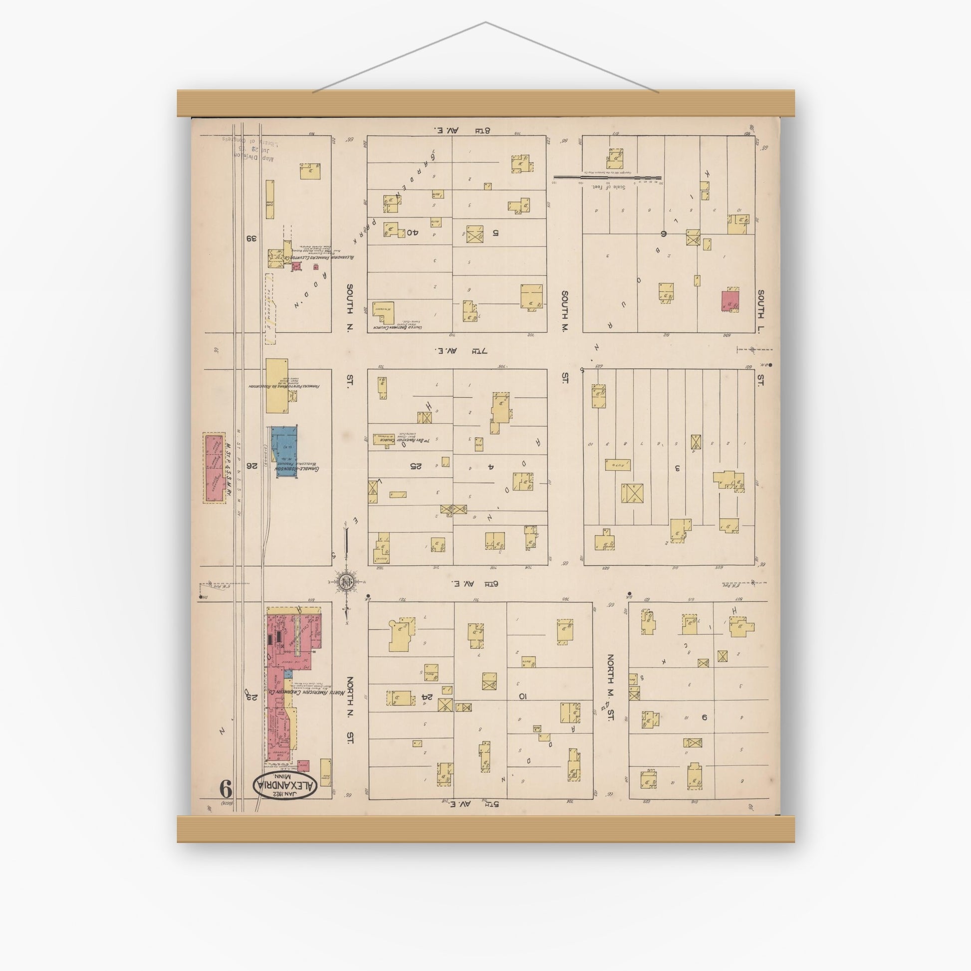 Old map wall art mockup — magnetic wood frame on white wall — Sanborn Fire Insurance Map from Alexandria, Douglas County, Minnesota (1922), Sheet #0009