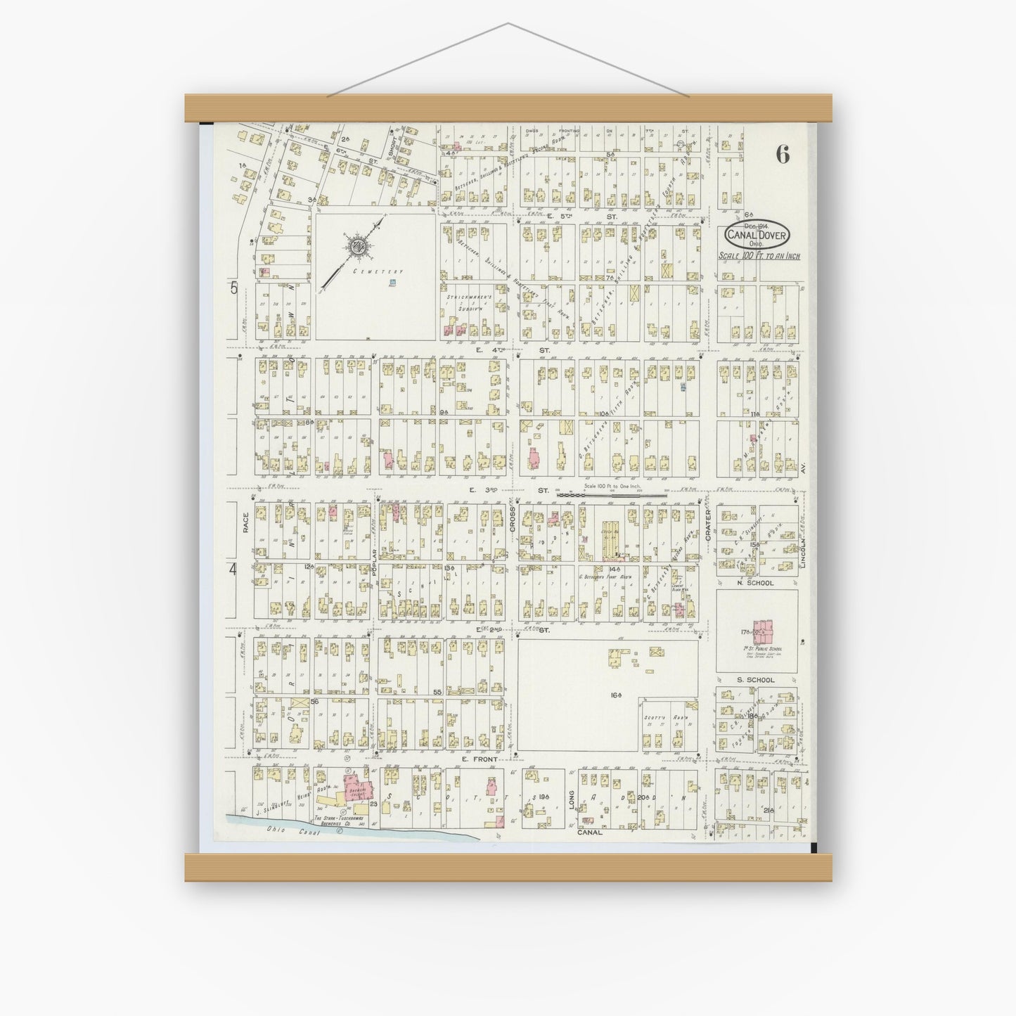 Old map wall art mockup — magnetic wood frame on white wall — Sanborn Fire Insurance Map from Canal Dover, Tuscarawas County, Ohio (1914), Sheet #0006