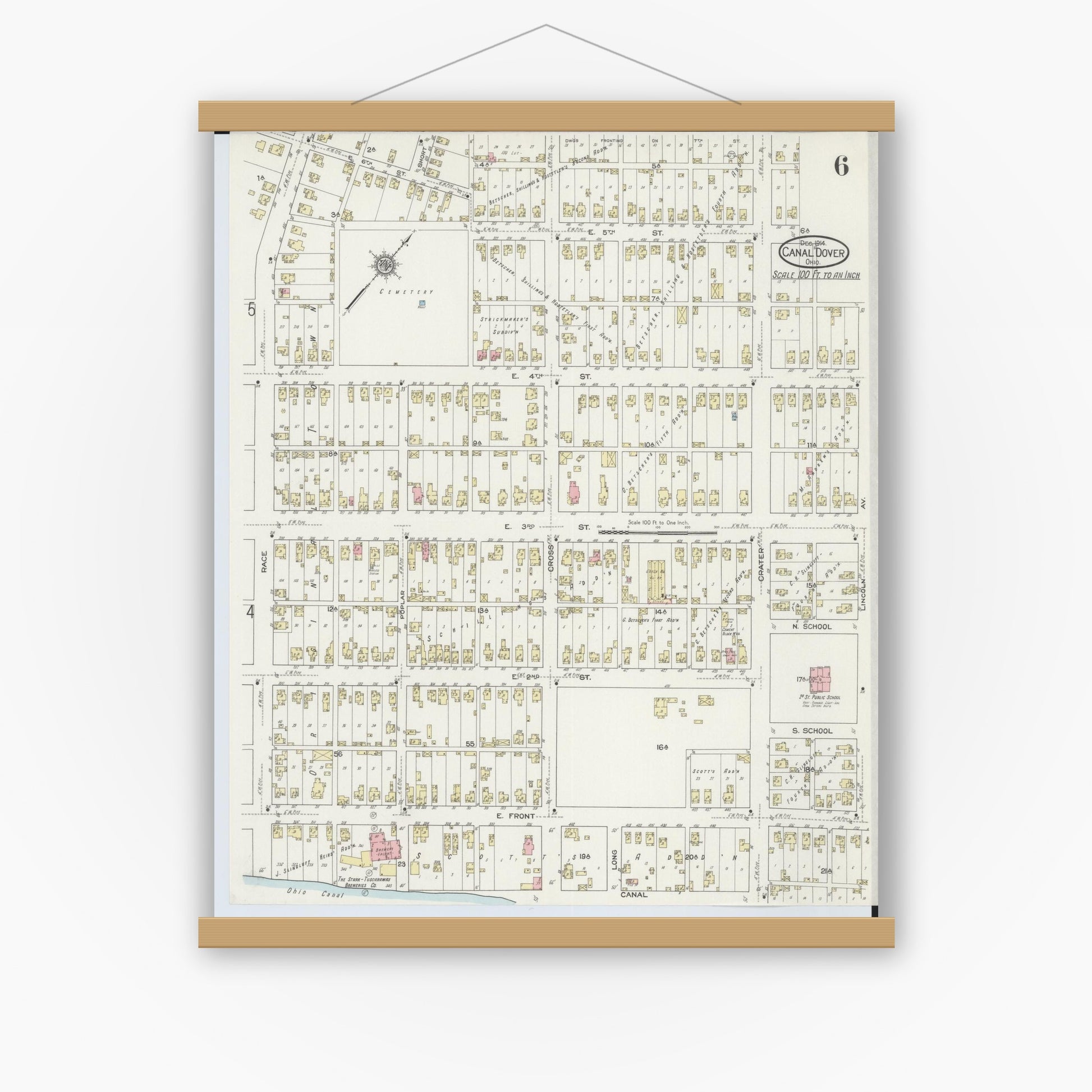 Old map wall art mockup — magnetic wood frame on white wall — Sanborn Fire Insurance Map from Canal Dover, Tuscarawas County, Ohio (1914), Sheet #0006