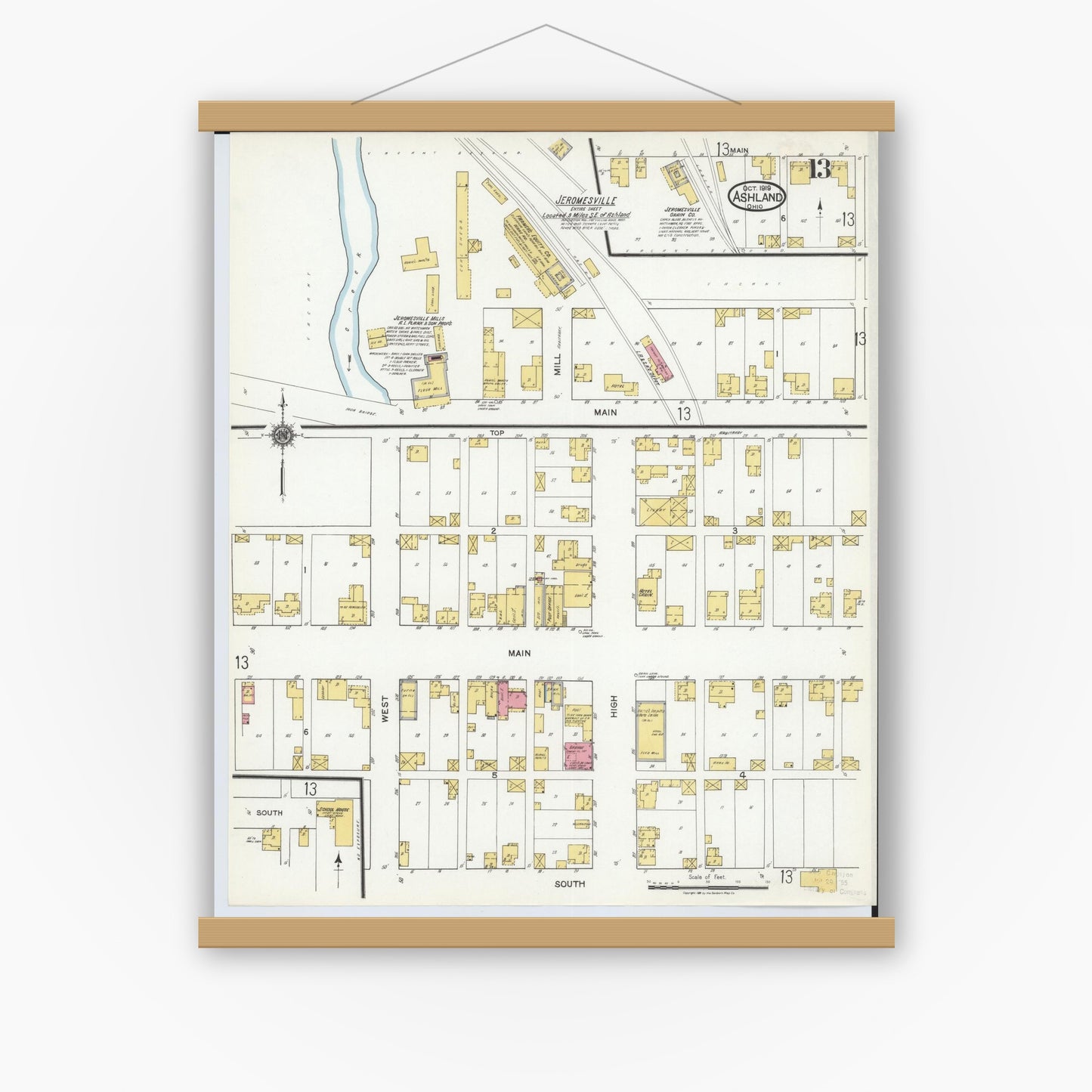 Old map wall art mockup — magnetic wood frame on white wall — Sanborn Fire Insurance Map from Ashland, Ashland County, Ohio (1919), Sheet #0013