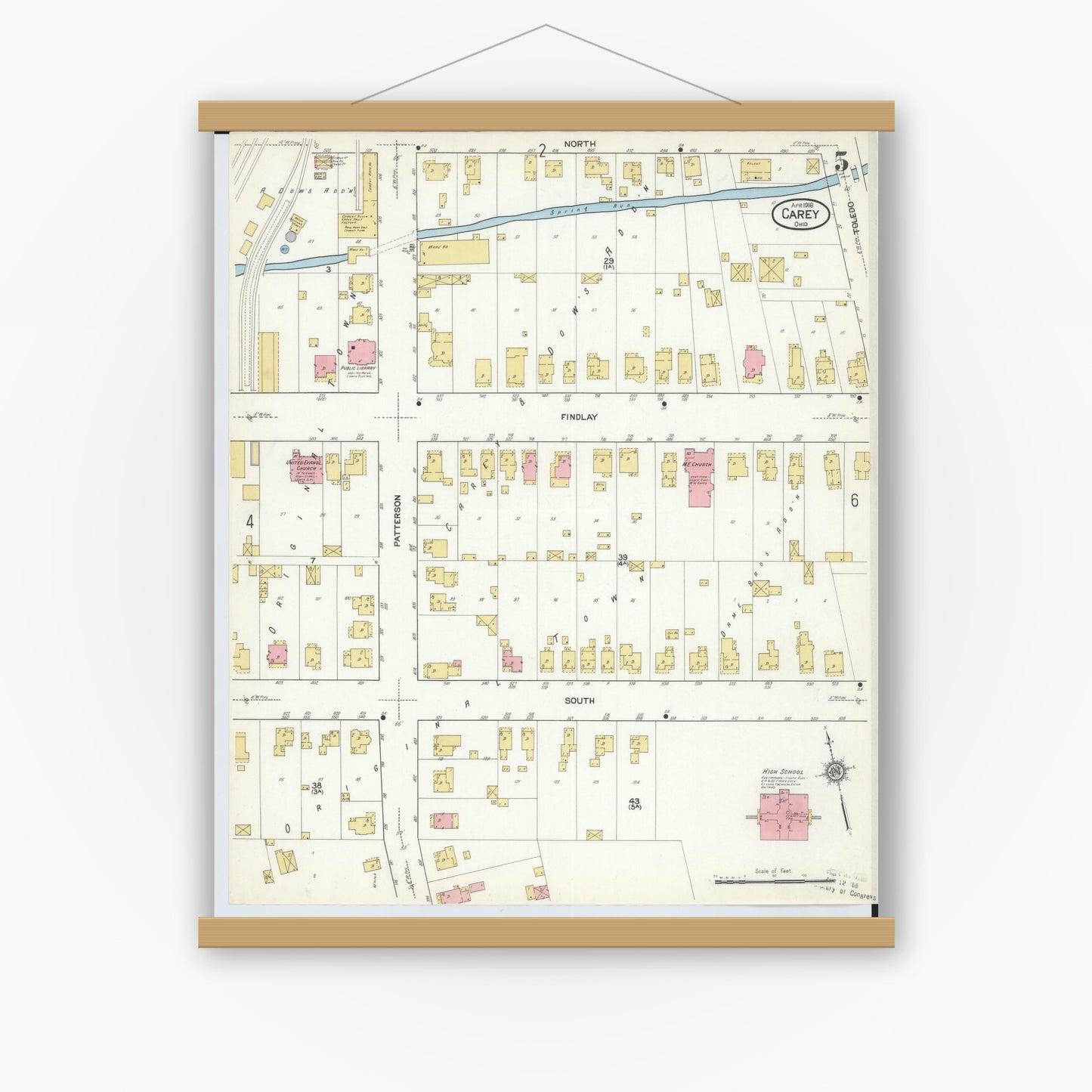 Old map wall art mockup — magnetic wood frame on white wall — Sanborn Fire Insurance Map from Carey, Wyandot County, Ohio (1916), Sheet #0005