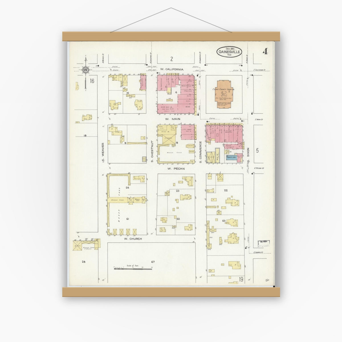 Old map wall art mockup — magnetic wood frame on white wall — Sanborn Fire Insurance Map from Gainesville, Cooke County, Texas (1913), Sheet #0004