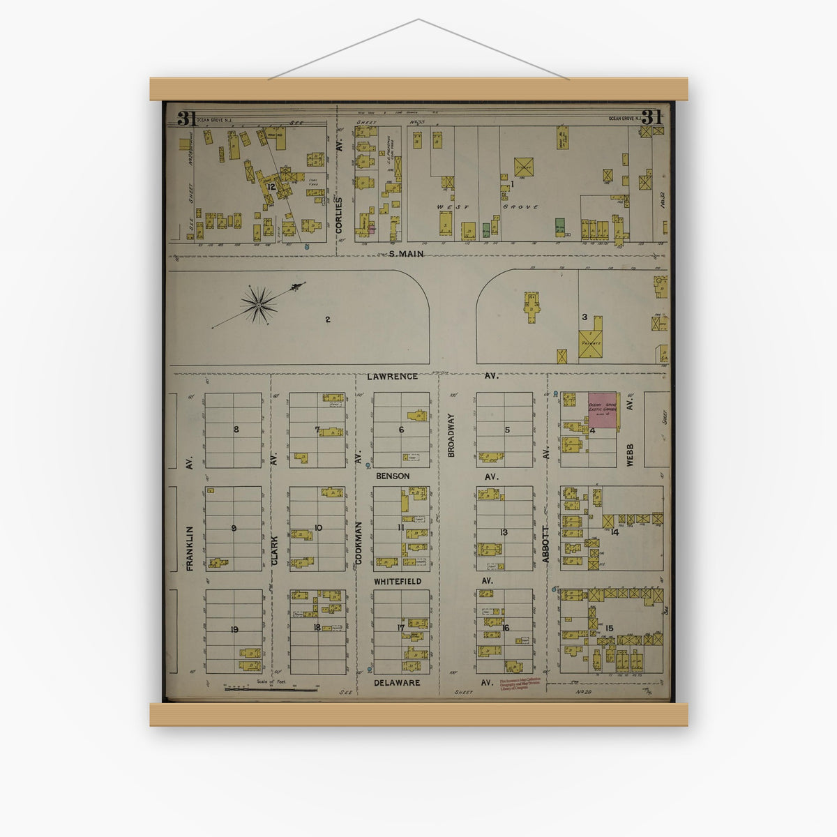 Old map wall art mockup — magnetic wood frame on white wall — Sanborn Fire Insurance Map from New Jersey Coast, New Jersey Coast, New Jersey (1890), Sheet #0031