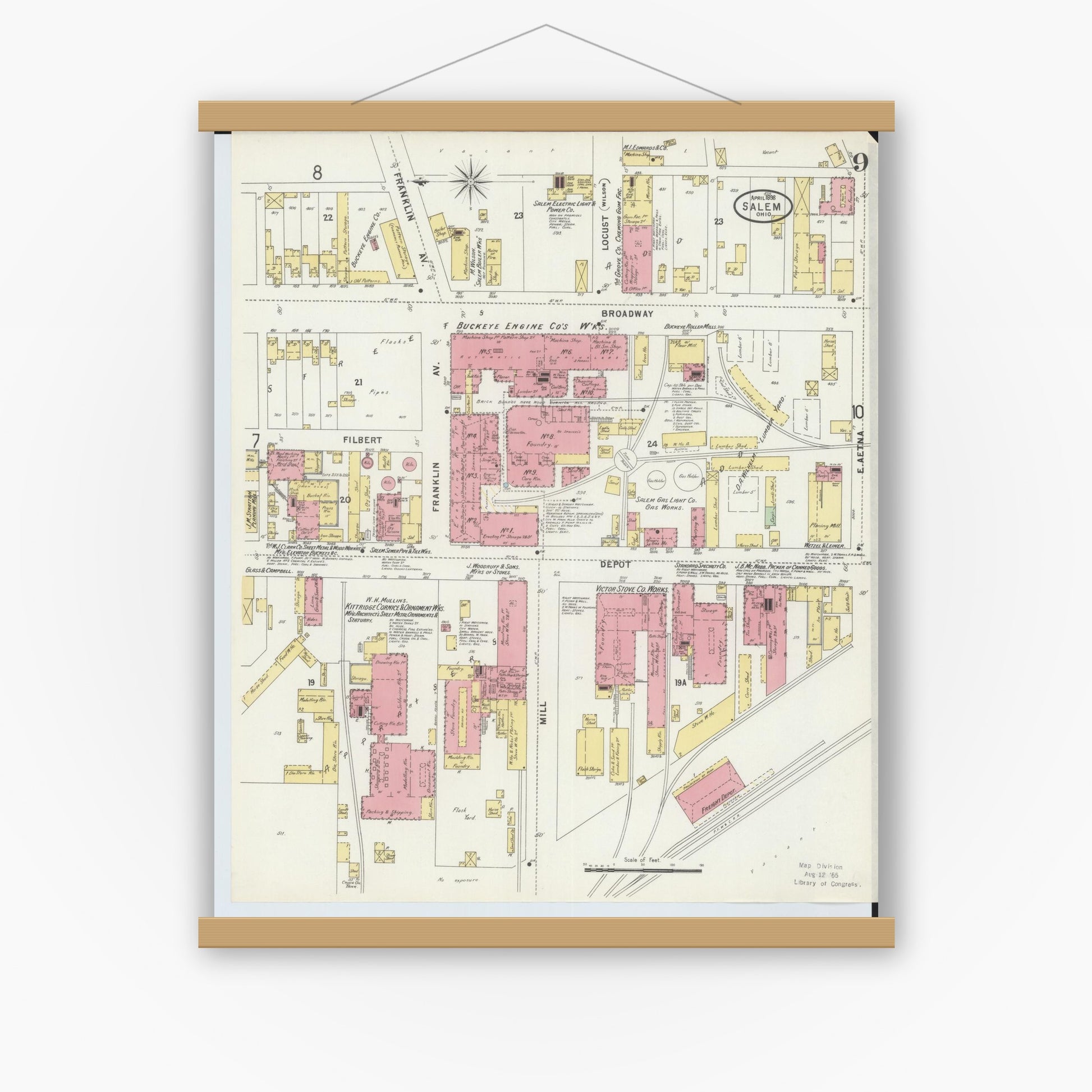 Old map wall art mockup — magnetic wood frame on white wall — Sanborn Fire Insurance Map from Salem, Columbiana County, Ohio (1898), Sheet #0009