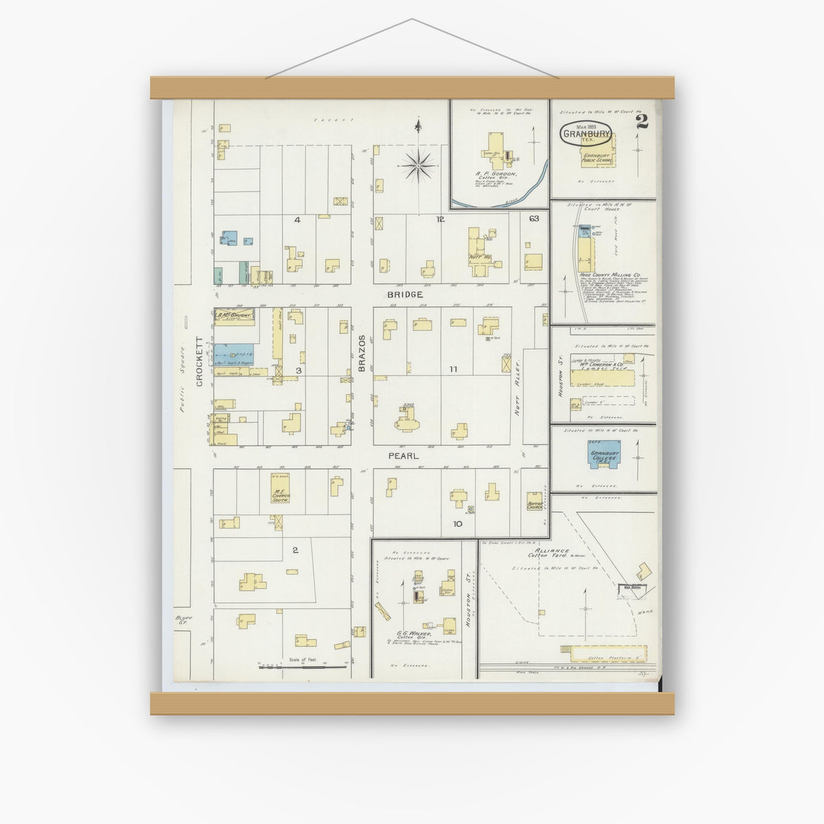 Old map wall art mockup — magnetic wood frame on white wall — Sanborn Fire Insurance Map from Granbury, Hood County, Texas (1893), Sheet #0002
